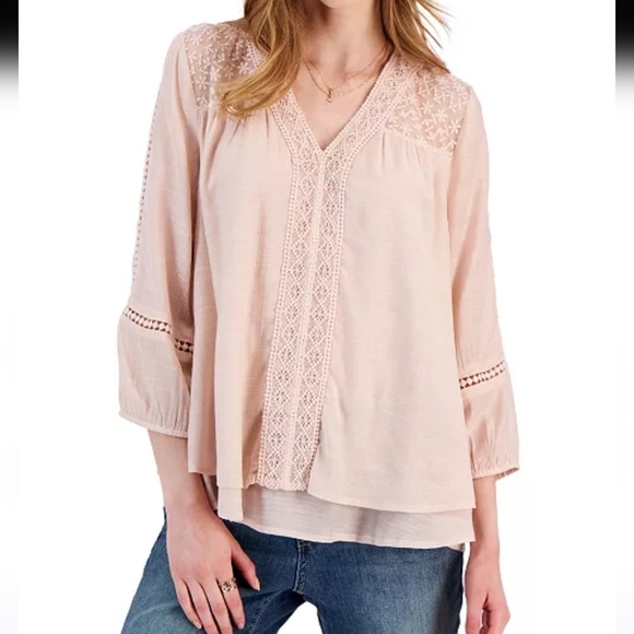 Style & Co. Size XL Pink Embroidered Blouse 3/4 Sleeve Lace Crochet Fairy Ballet - Picture 8 of 8